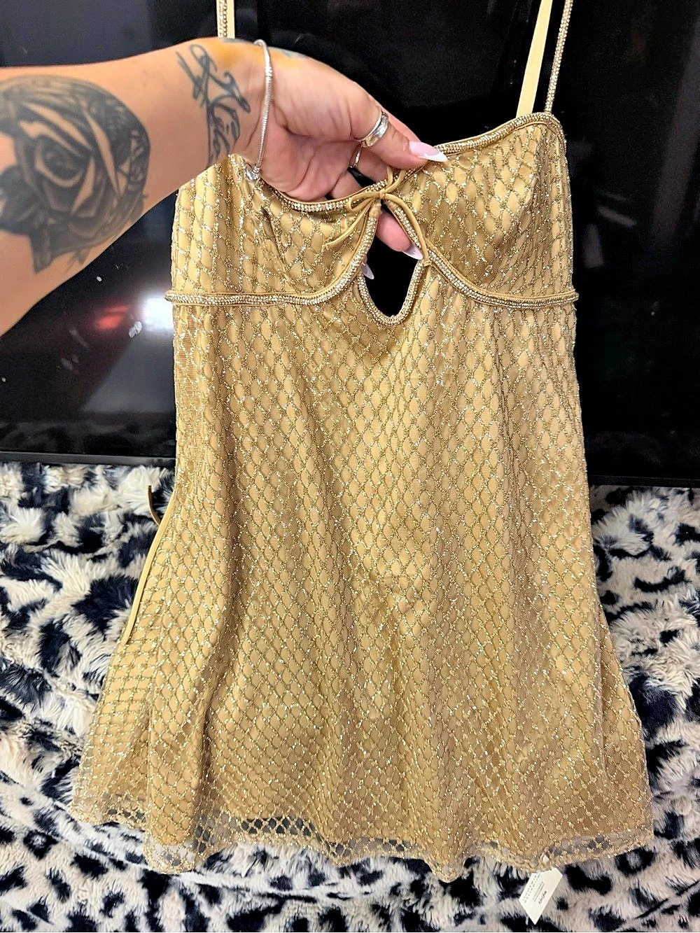 For Love & Lemons Glitter Slip Dress Gold Mini Dress